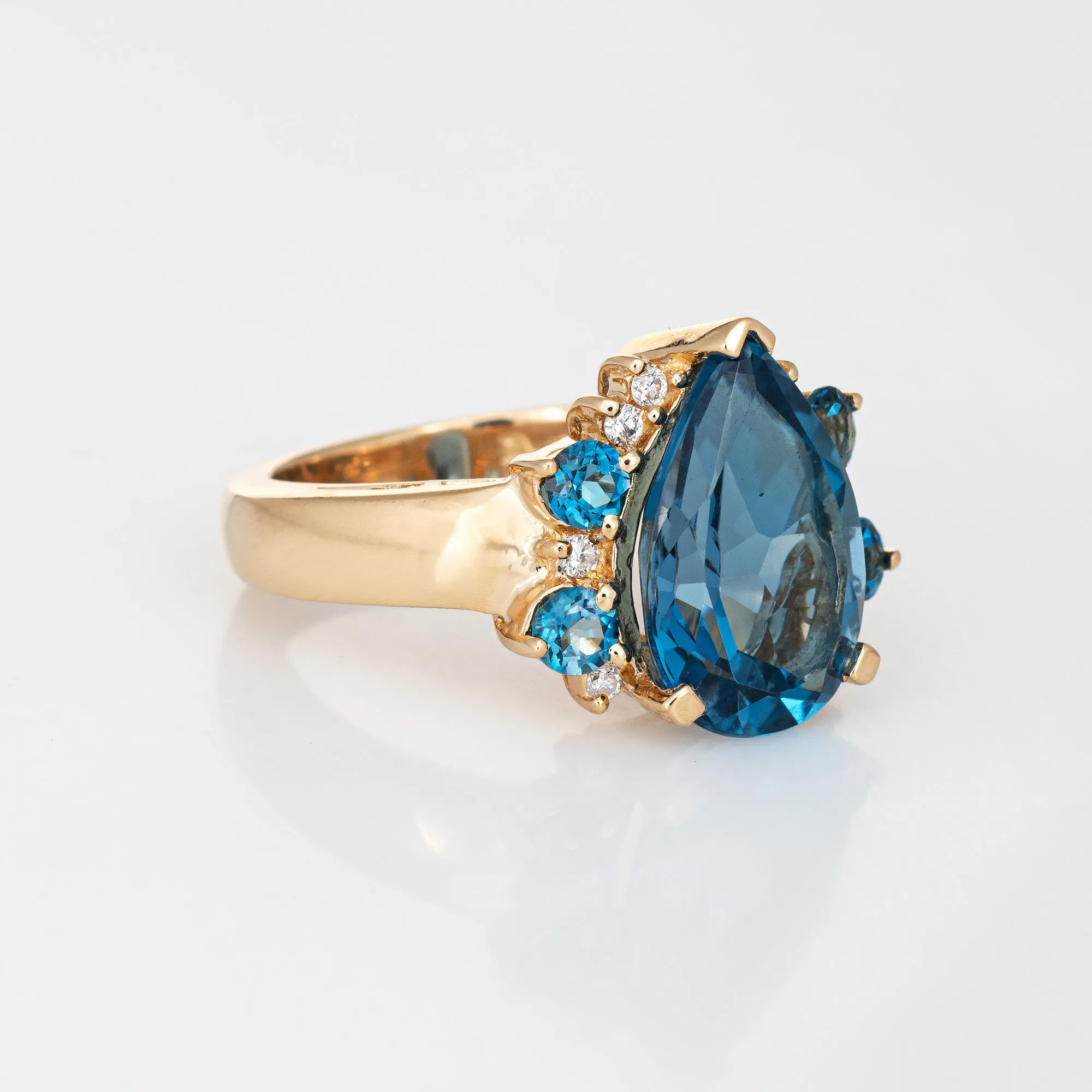 London Blue Topaz Diamond Ring Vintage 14k Yellow Gold Pear Cut Estate Jewelry