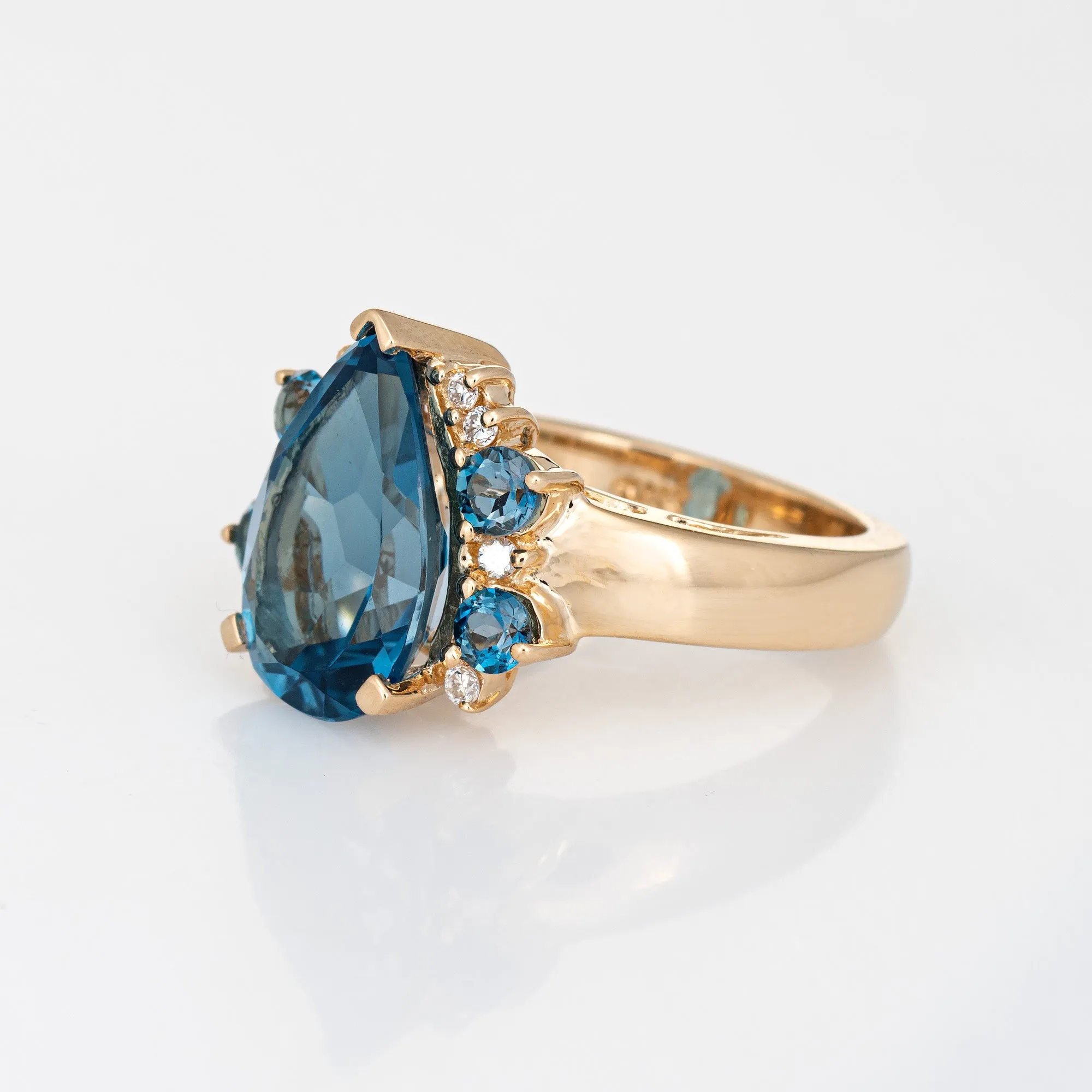 London Blue Topaz Diamond Ring Vintage 14k Yellow Gold Pear Cut Estate Jewelry