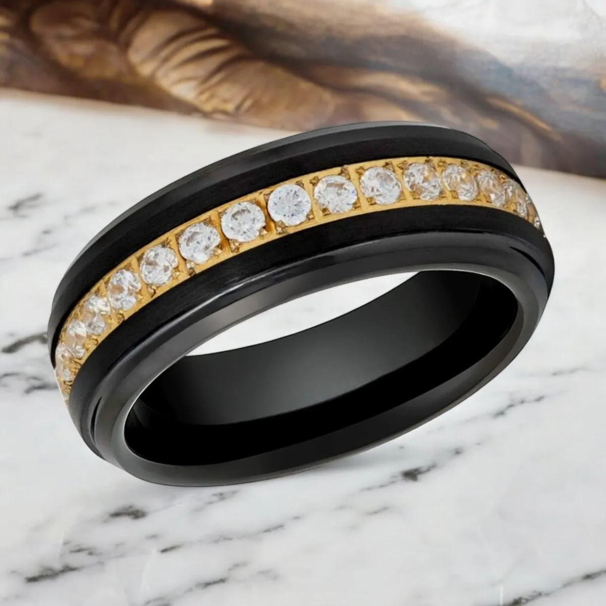 LUSTRE | Black Tungsten Ring, White Diamond Stimulate CZ Eternity on Gold Center