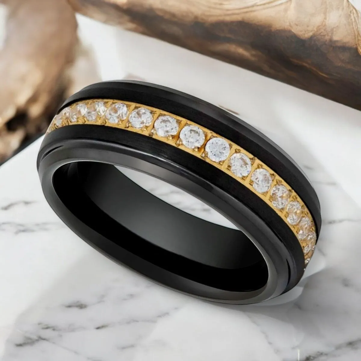 LUSTRE | Black Tungsten Ring, White Diamond Stimulate CZ Eternity on Gold Center