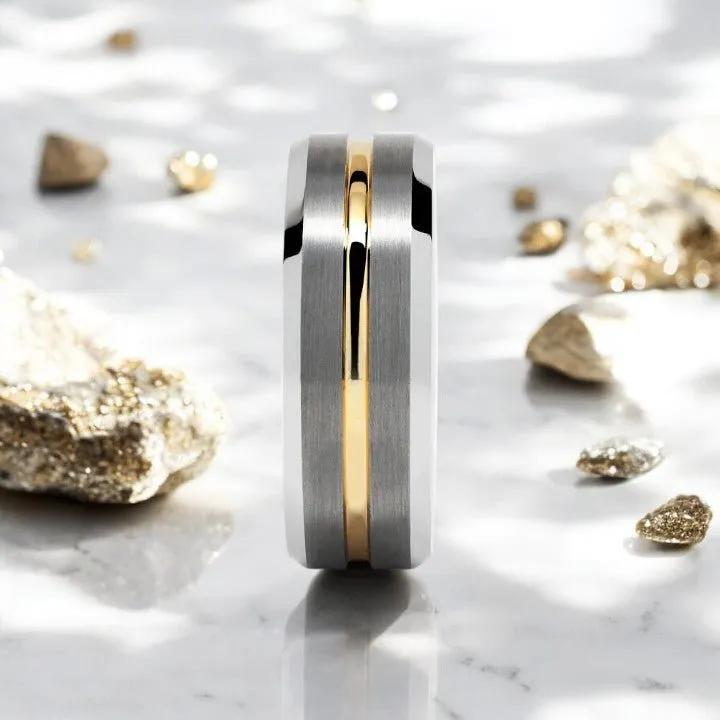MAESTRO | Silver Tungsten Ring, Gold Groove, Beveled