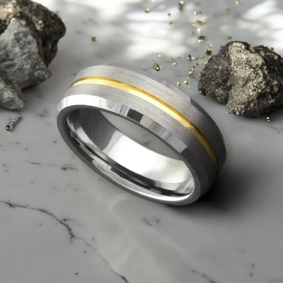 MAESTRO | Silver Tungsten Ring, Gold Groove, Beveled