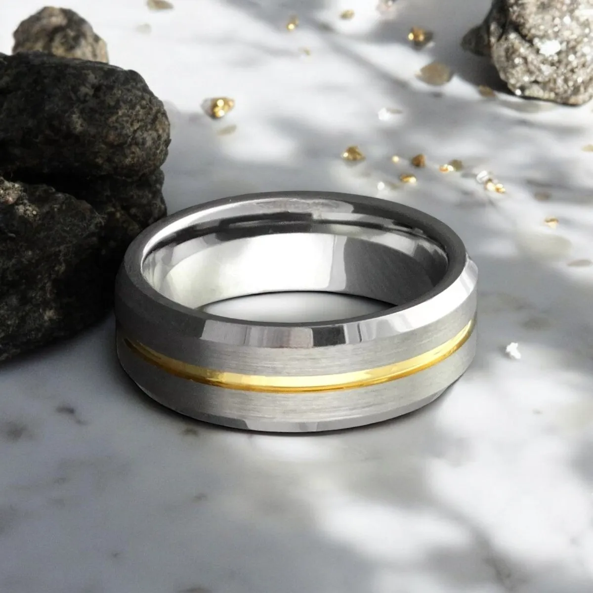 MAESTRO | Silver Tungsten Ring, Gold Groove, Beveled
