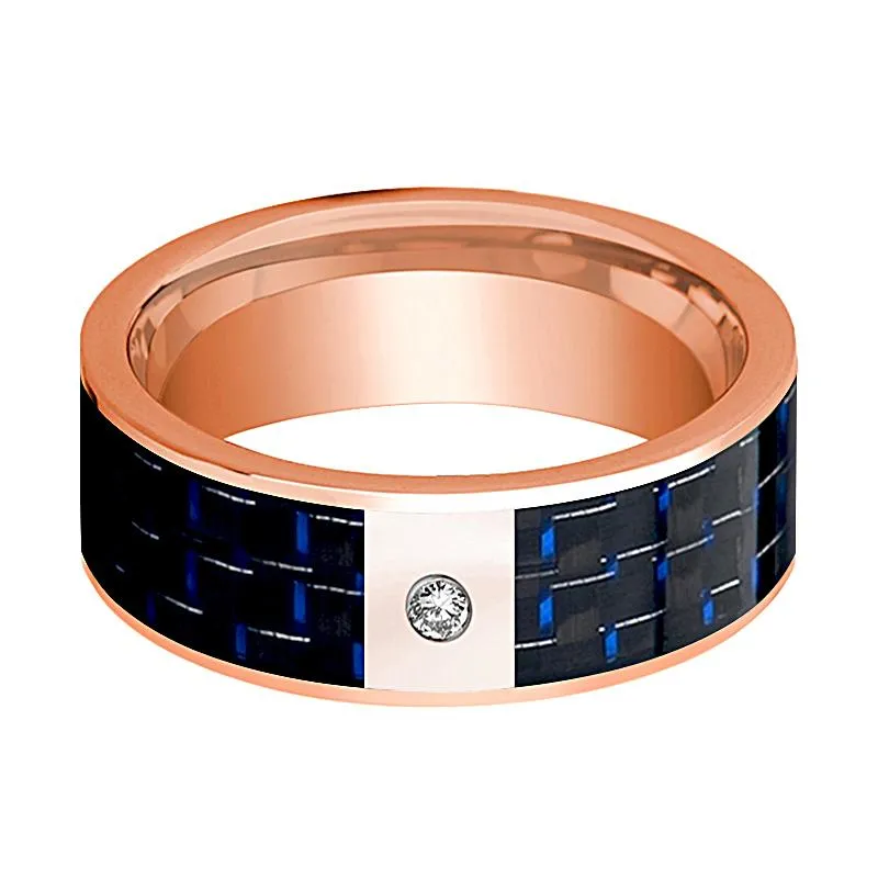 Men's 14k Rose Gold & Diamond Flat Wedding Ring with Blue & Black Carbon Fiber Inlay - 8MM