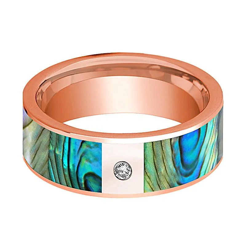 Men's 14k Rose Gold and Diamond Wedding Band with Mother of Pearl Inlay Flat Polished Design - 8MM