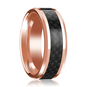 Men's 14k Rose Gold Polished Wedding Band with Black Carbon Fiber Inlay & Beveled Edges - 8MM