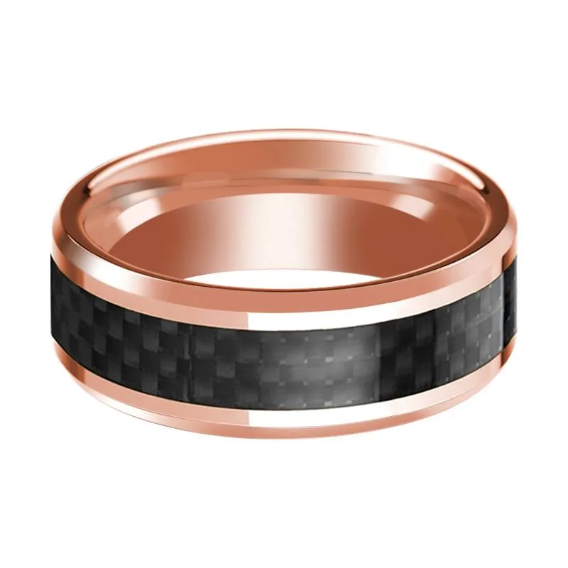 Men's 14k Rose Gold Polished Wedding Band with Black Carbon Fiber Inlay & Beveled Edges - 8MM