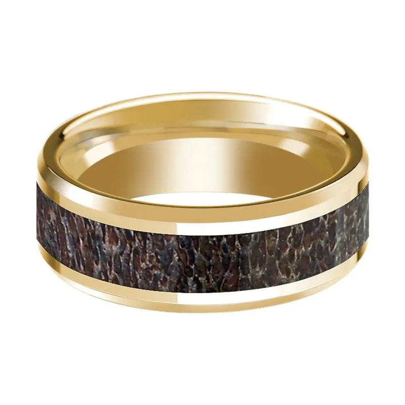 Men's 14k Yellow Gold Wedding Band with Dark Deer Antler Inlay & Beveled Edges Polished Finish - 8MM