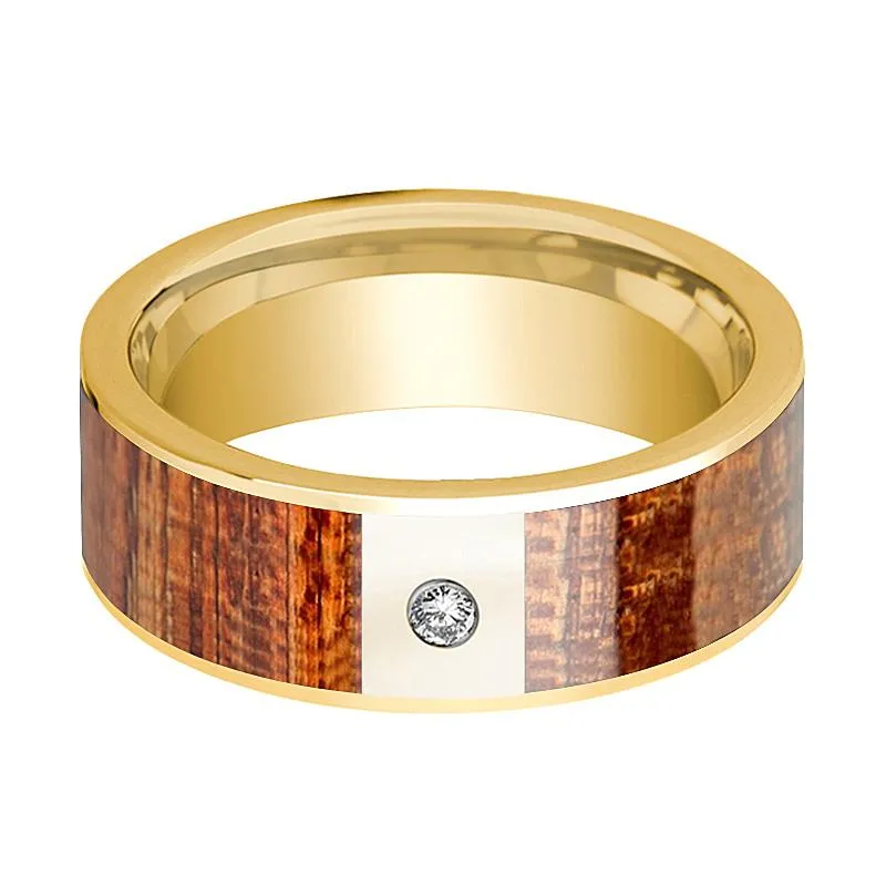Men's 14k Yellow Gold Wedding Band with Mahogany Wood Inlay and Diamond in Center - 8MM