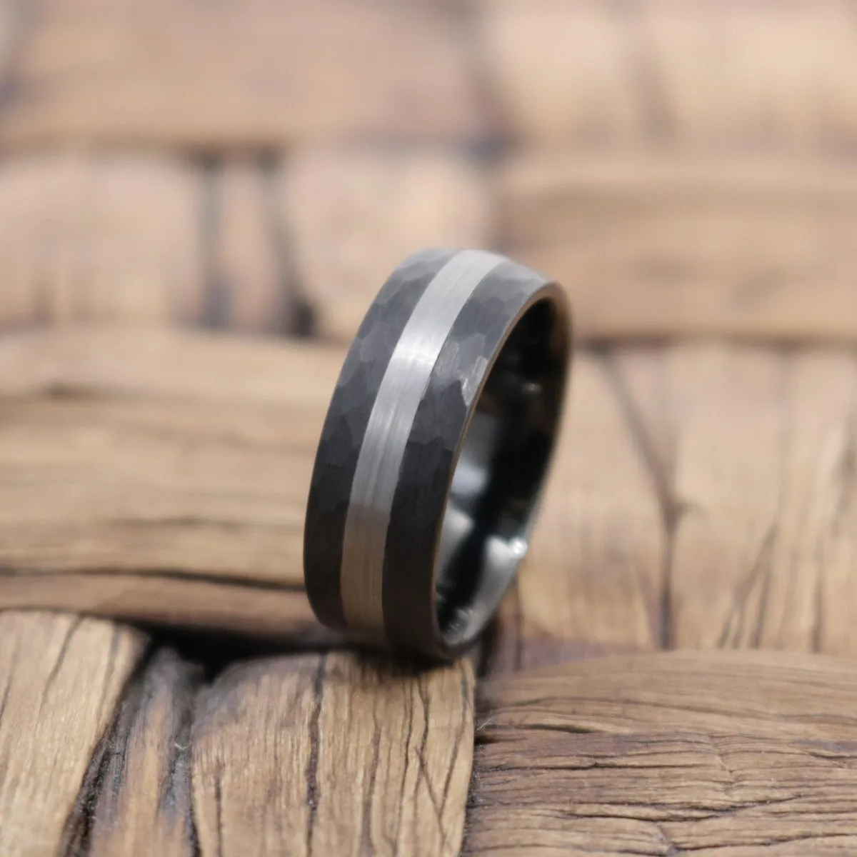 Men's Black Hammered Tungsten Wedding Band with Silver Brushed Stripe Center Domed Edges
