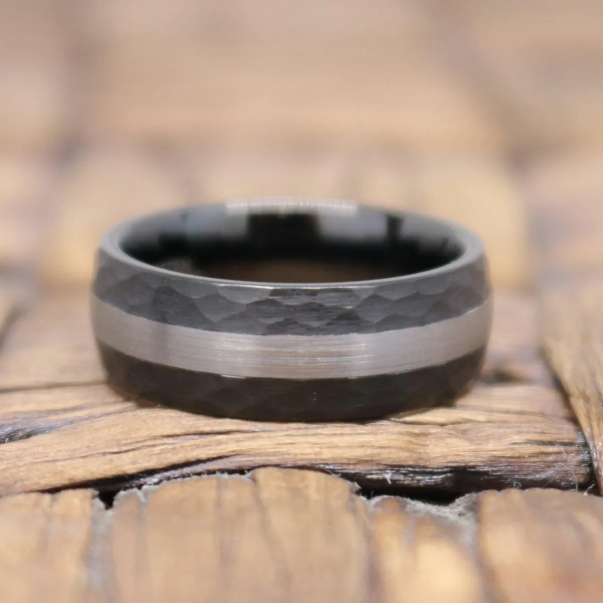 Men's Black Hammered Tungsten Wedding Band with Silver Brushed Stripe Center Domed Edges