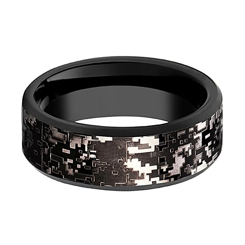 Men's Black Tungsten Wedding Band with Black Digital Camouflage Inlay and Bevels - 8MM