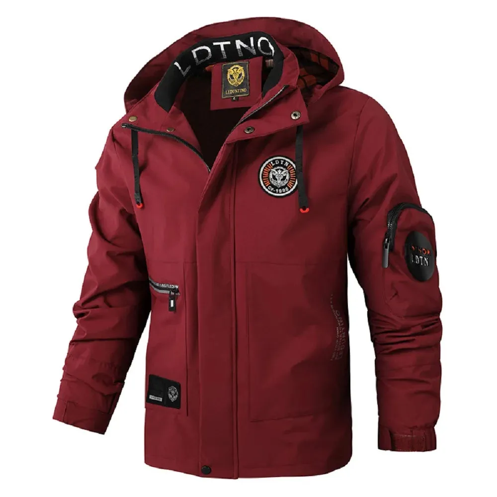 Men's Casual Waterproof Softshell Jacket with Multiple Pocket and Hood, Zip Up Drawstring Hooded Windbreaker Coat For Outdoor