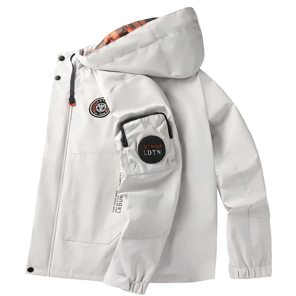 Men's Casual Waterproof Softshell Jacket with Multiple Pocket and Hood, Zip Up Drawstring Hooded Windbreaker Coat For Outdoor