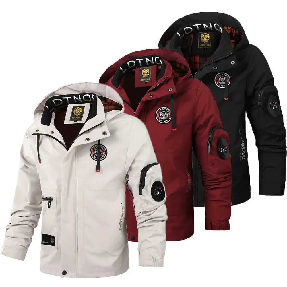 Men's Casual Waterproof Softshell Jacket with Multiple Pocket and Hood, Zip Up Drawstring Hooded Windbreaker Coat For Outdoor