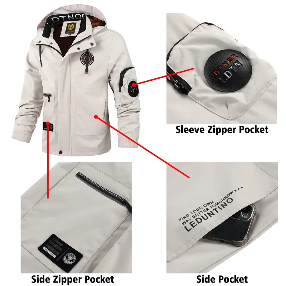 Men's Casual Waterproof Softshell Jacket with Multiple Pocket and Hood, Zip Up Drawstring Hooded Windbreaker Coat For Outdoor