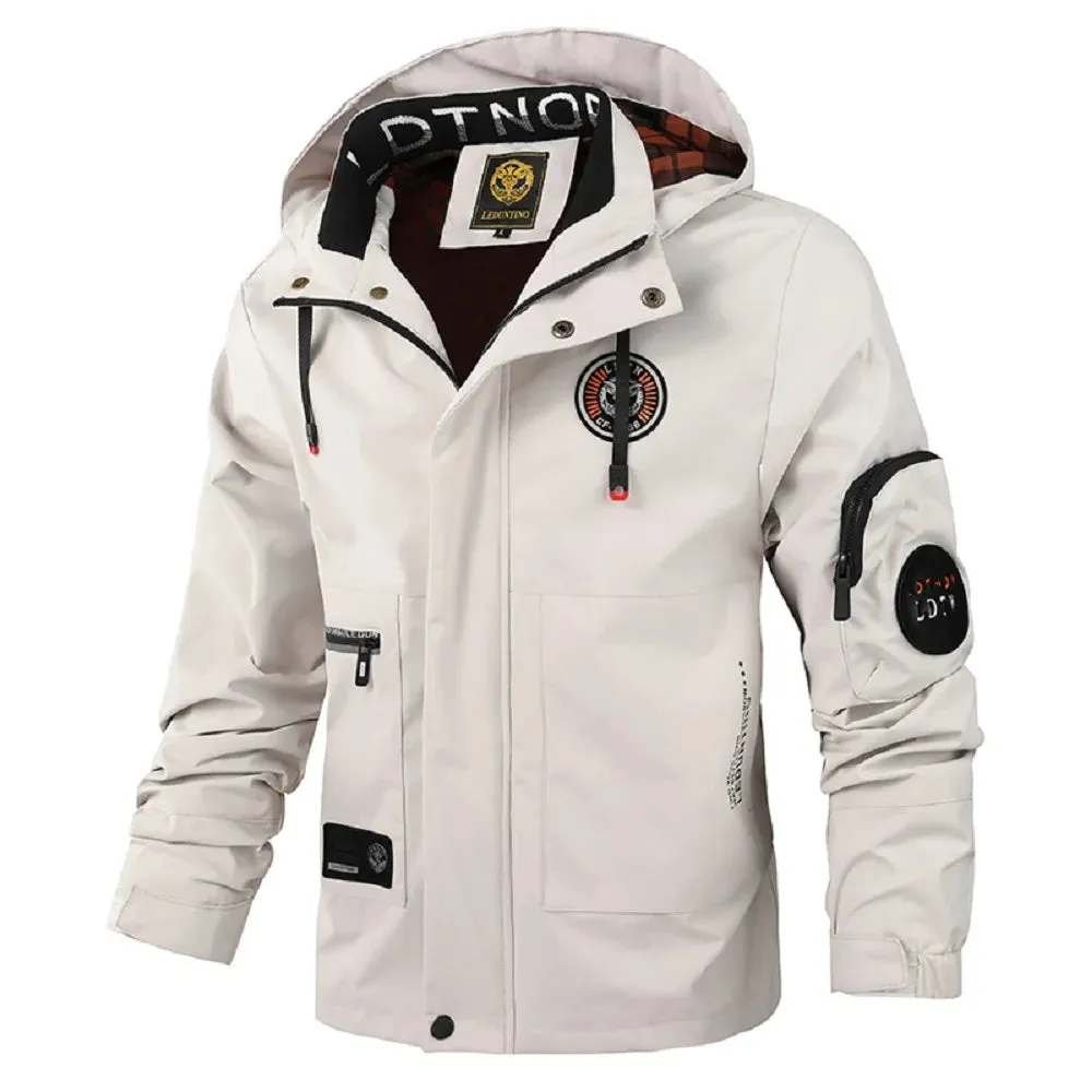 Men's Casual Waterproof Softshell Jacket with Multiple Pocket and Hood, Zip Up Drawstring Hooded Windbreaker Coat For Outdoor