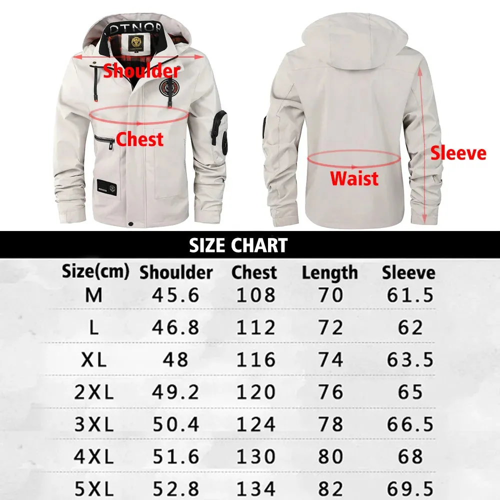 Men's Casual Waterproof Softshell Jacket with Multiple Pocket and Hood, Zip Up Drawstring Hooded Windbreaker Coat For Outdoor
