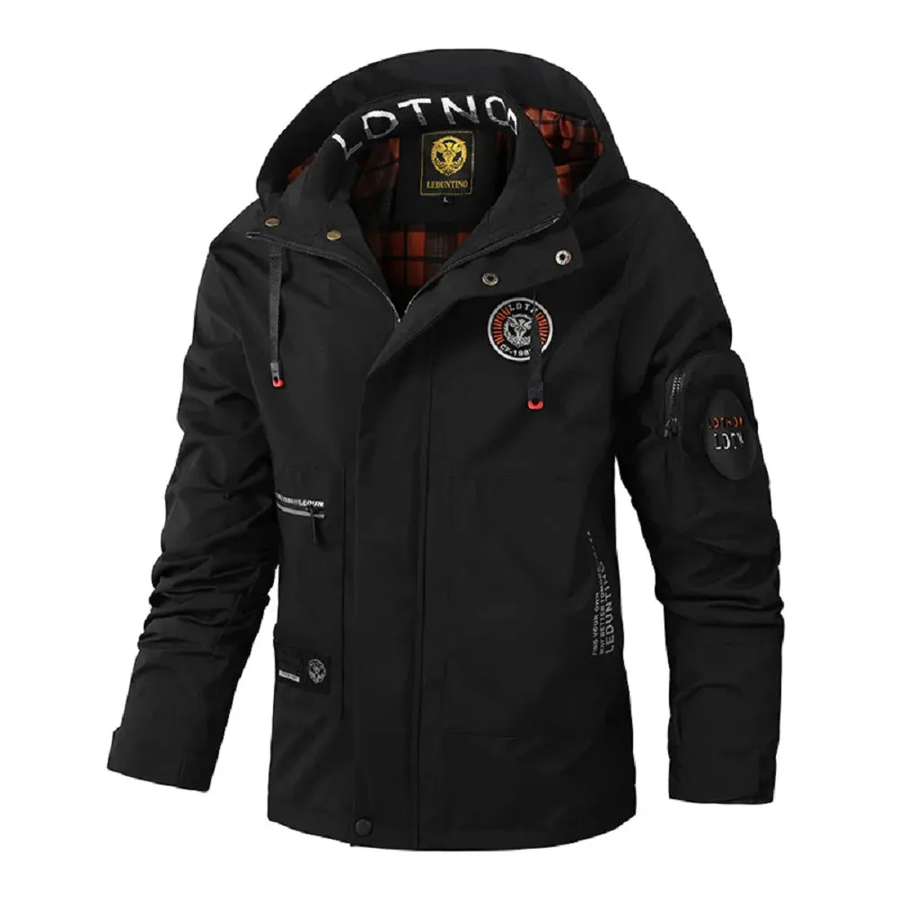 Men's Casual Waterproof Softshell Jacket with Multiple Pocket and Hood, Zip Up Drawstring Hooded Windbreaker Coat For Outdoor