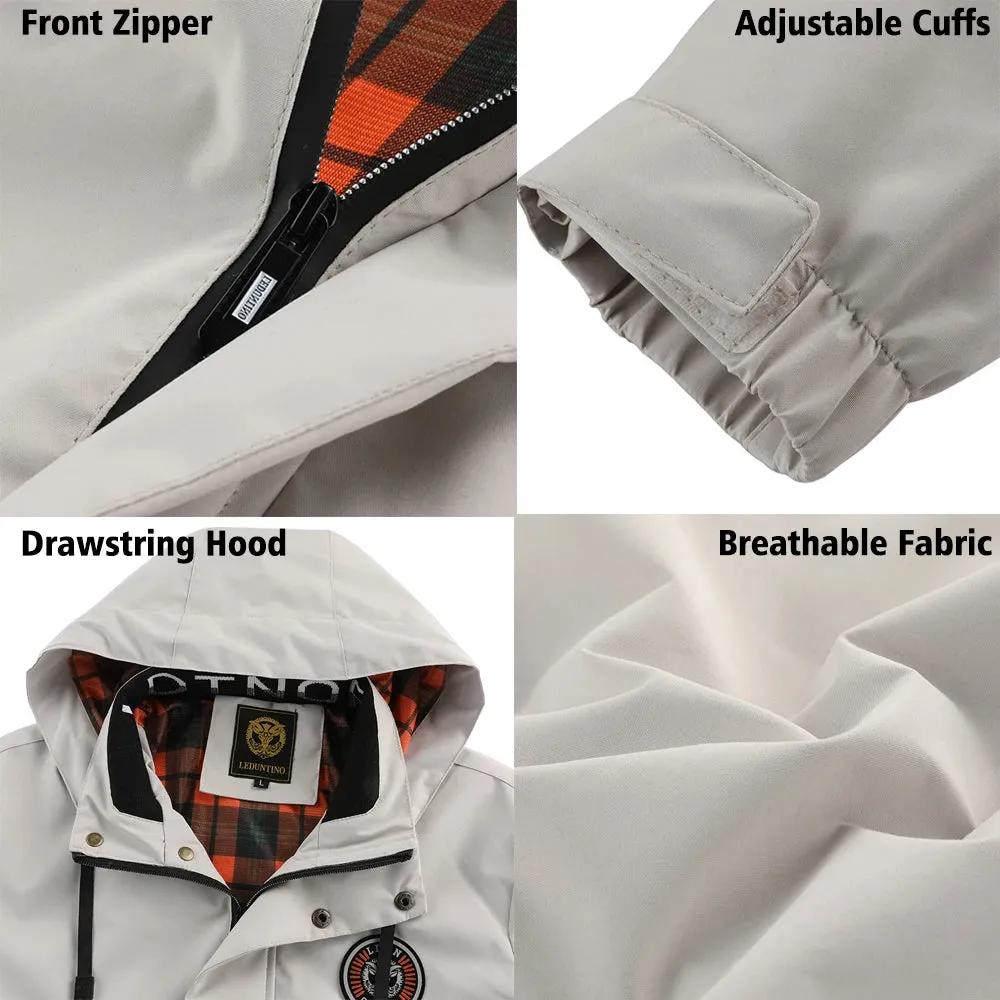 Men's Casual Waterproof Softshell Jacket with Multiple Pocket and Hood, Zip Up Drawstring Hooded Windbreaker Coat For Outdoor