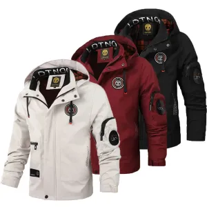 Men's Casual Waterproof Softshell Jacket with Multiple Pocket and Hood, Zip Up Drawstring Hooded Windbreaker Coat For Outdoor