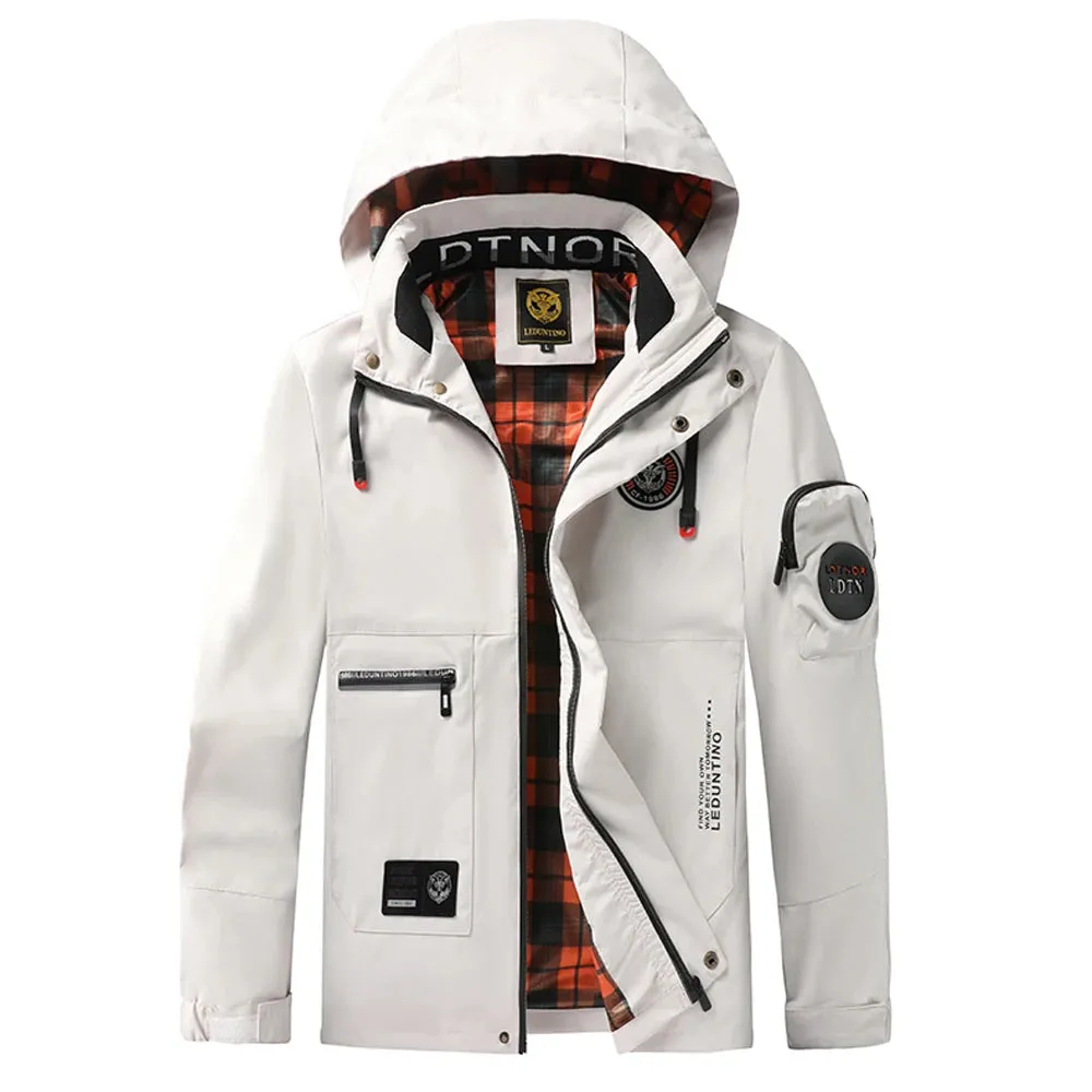 Men's Casual Waterproof Softshell Jacket with Multiple Pocket and Hood, Zip Up Drawstring Hooded Windbreaker Coat For Outdoor