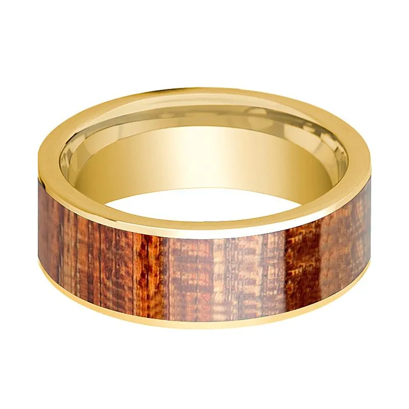 Men's Engagement Ring Polished 14k Yellow Gold Flat Wedding Band with Mahogany Wood Inlay