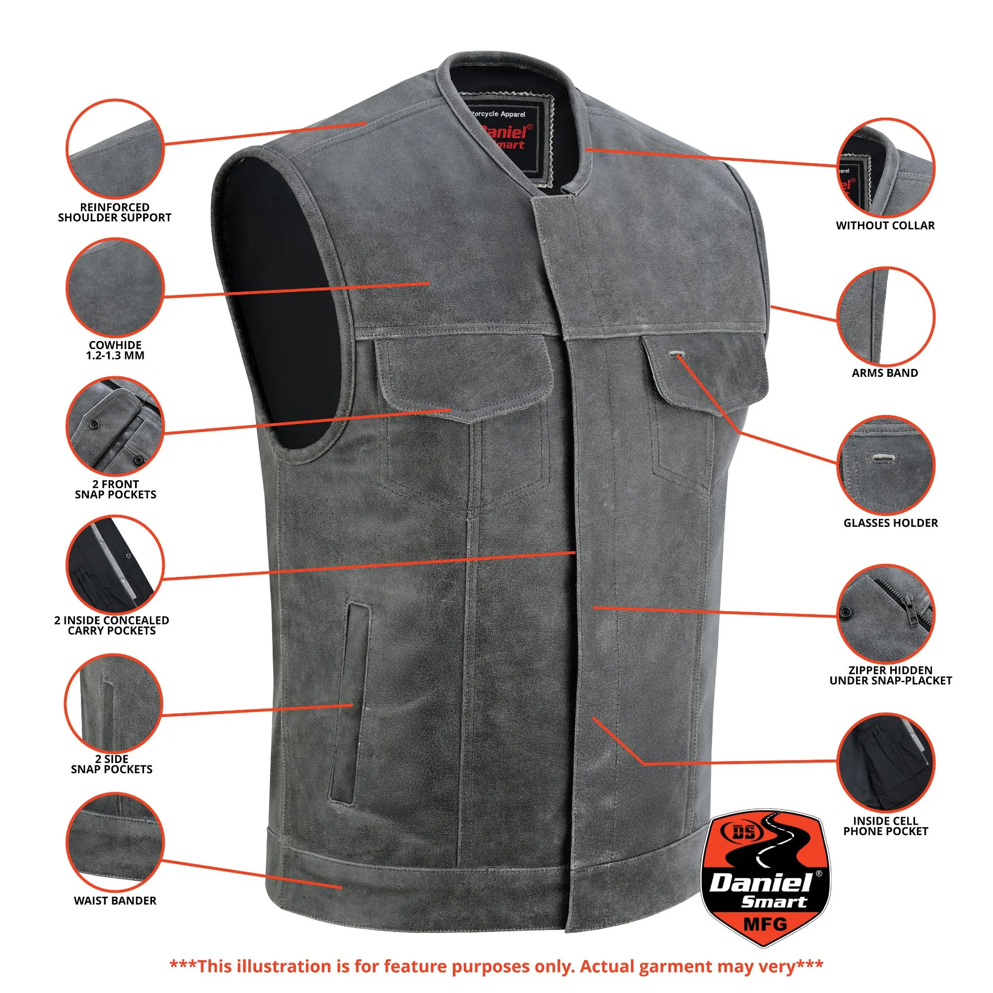 Men’s Gray Premium Leather Concealed Motorcycle Vest