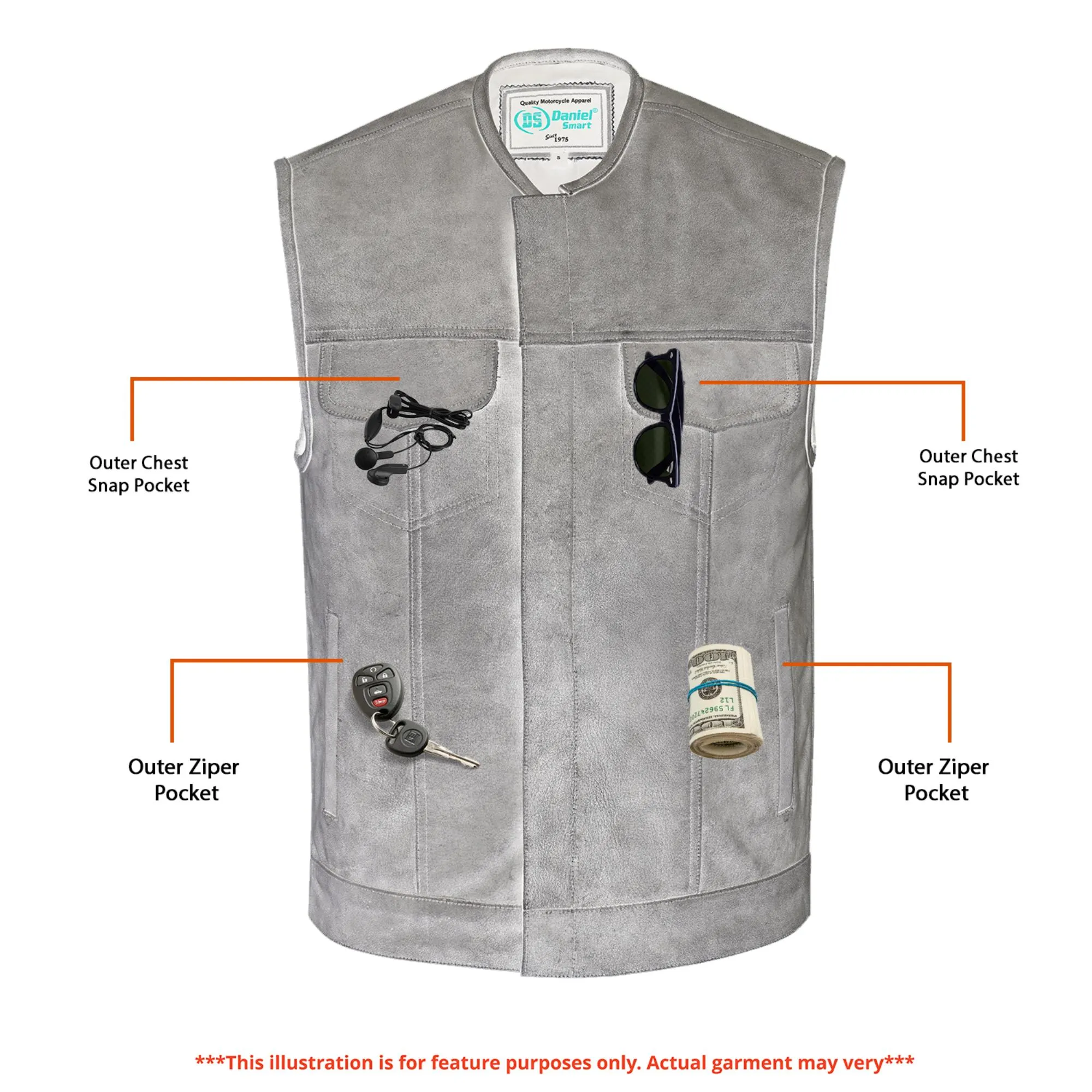 Men’s Gray Premium Leather Concealed Motorcycle Vest