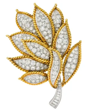 Mid-Century 4.25 CTW Diamond 18 Karat Gold Platinum Foliate Brooch Circa 1950
