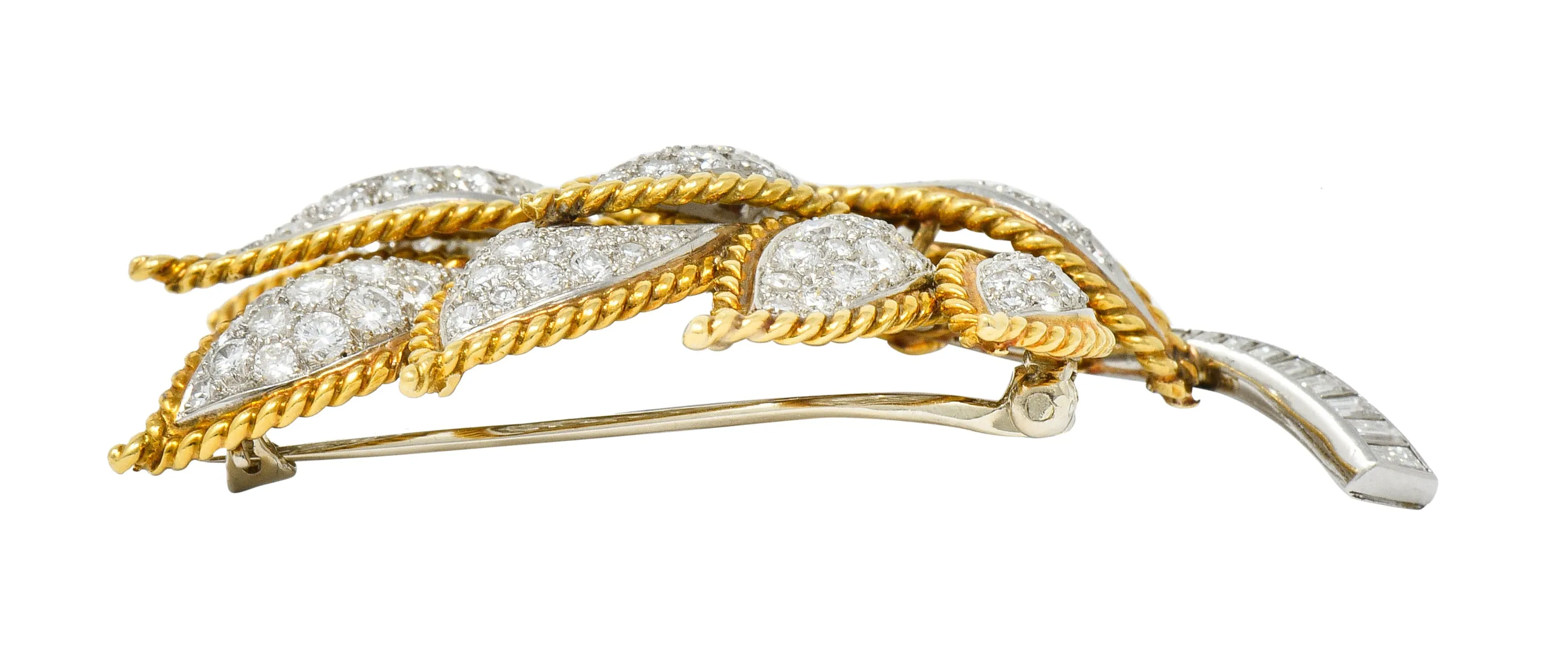Mid-Century 4.25 CTW Diamond 18 Karat Gold Platinum Foliate Brooch Circa 1950