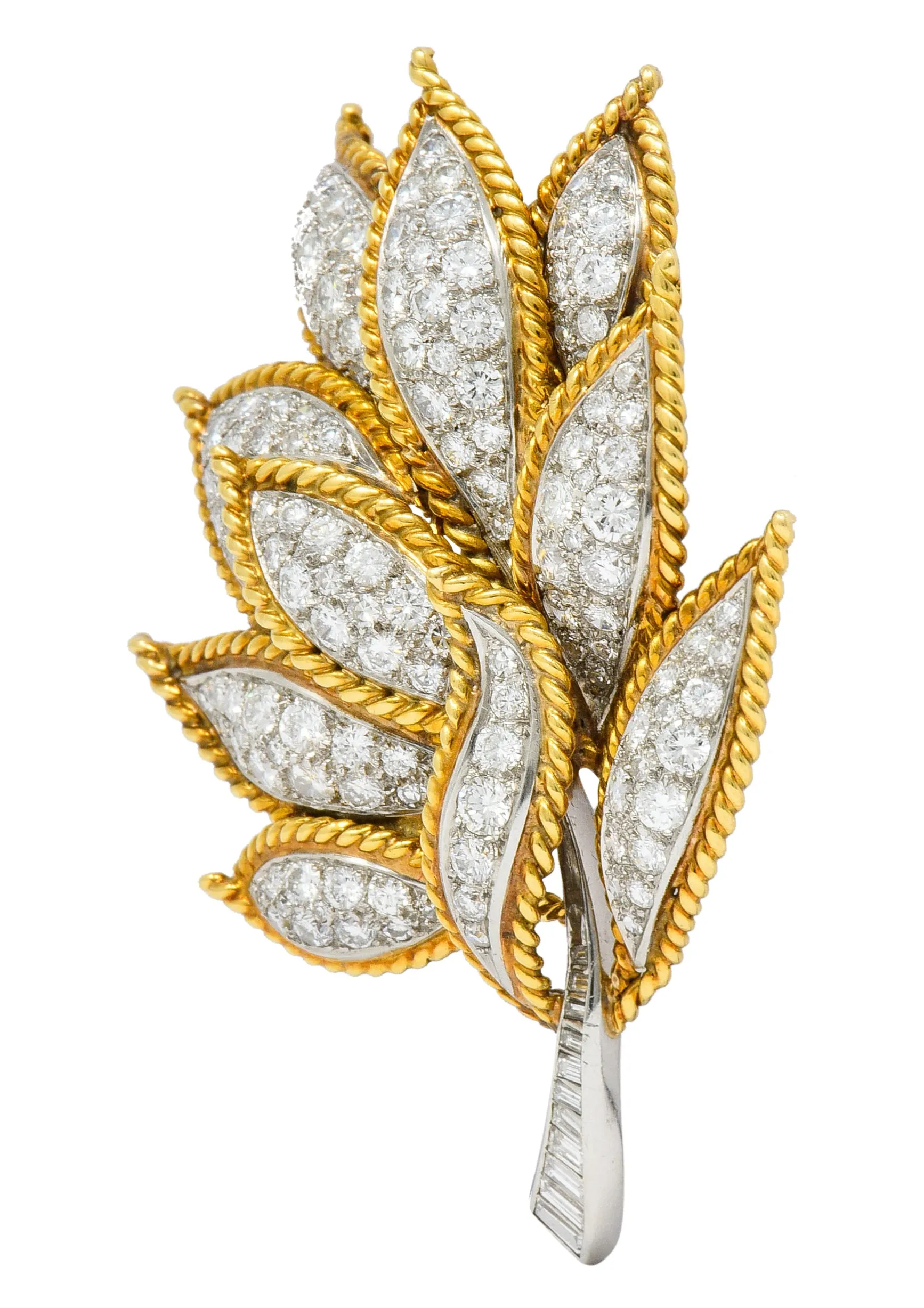 Mid-Century 4.25 CTW Diamond 18 Karat Gold Platinum Foliate Brooch Circa 1950