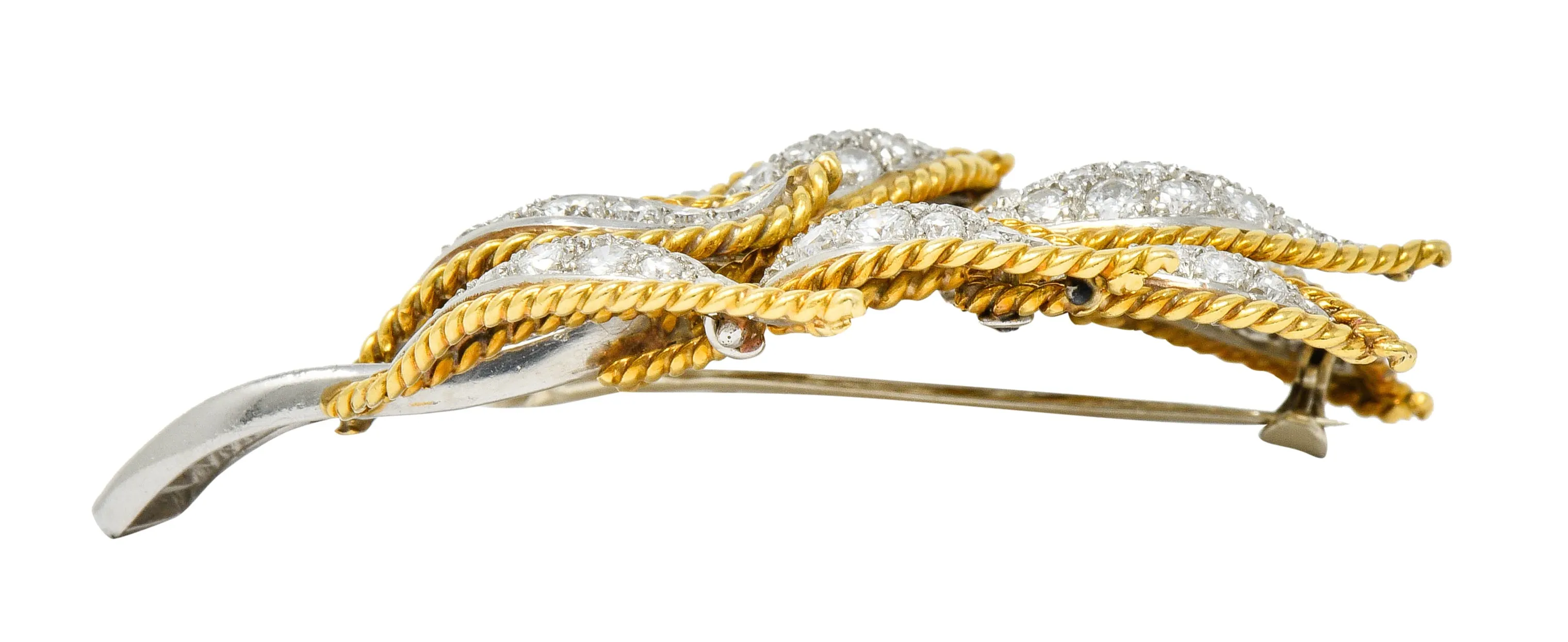 Mid-Century 4.25 CTW Diamond 18 Karat Gold Platinum Foliate Brooch Circa 1950