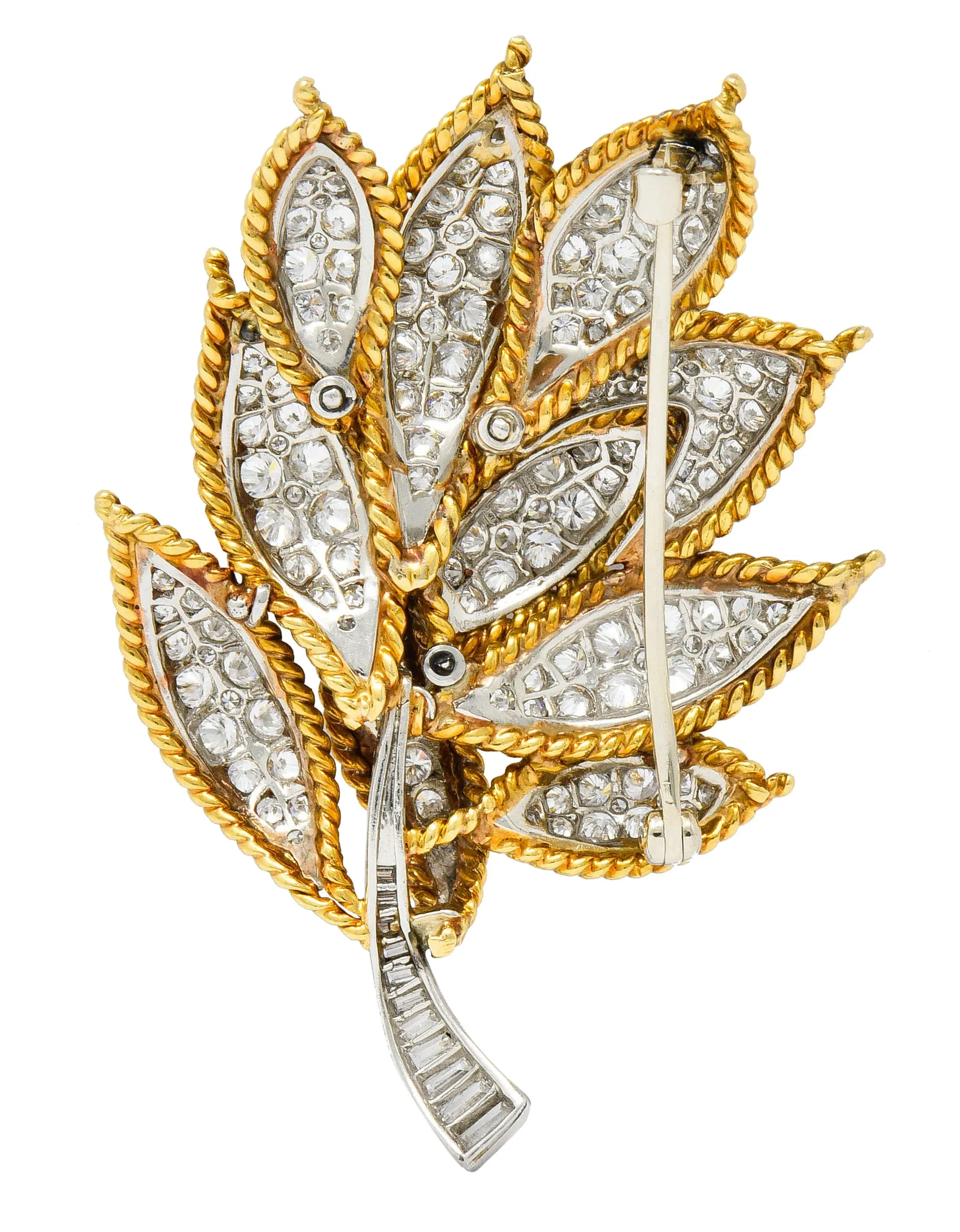 Mid-Century 4.25 CTW Diamond 18 Karat Gold Platinum Foliate Brooch Circa 1950