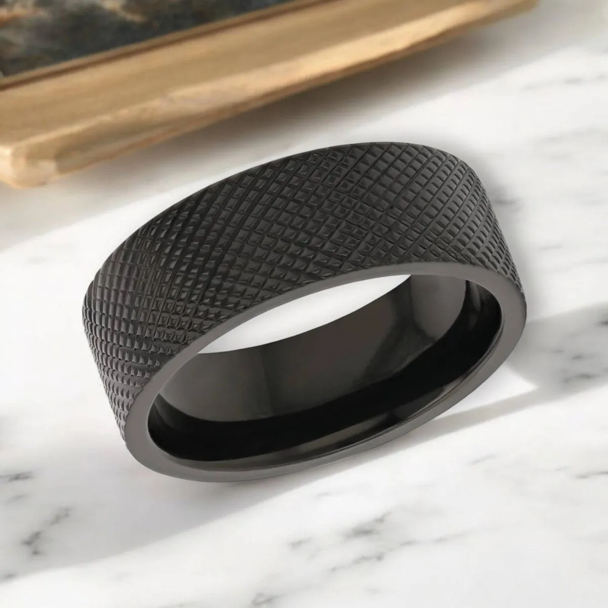MIDNIGHT | Black Zirconium Ring, Knurled Finish, Flat