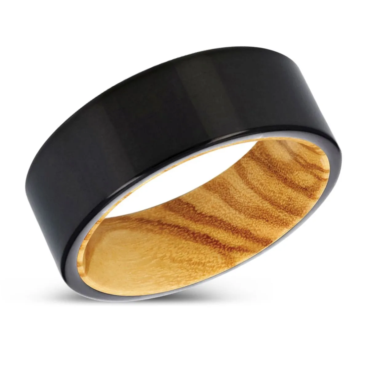 MINKS | Olive Wood, Black Tungsten Ring, Shiny, Flat