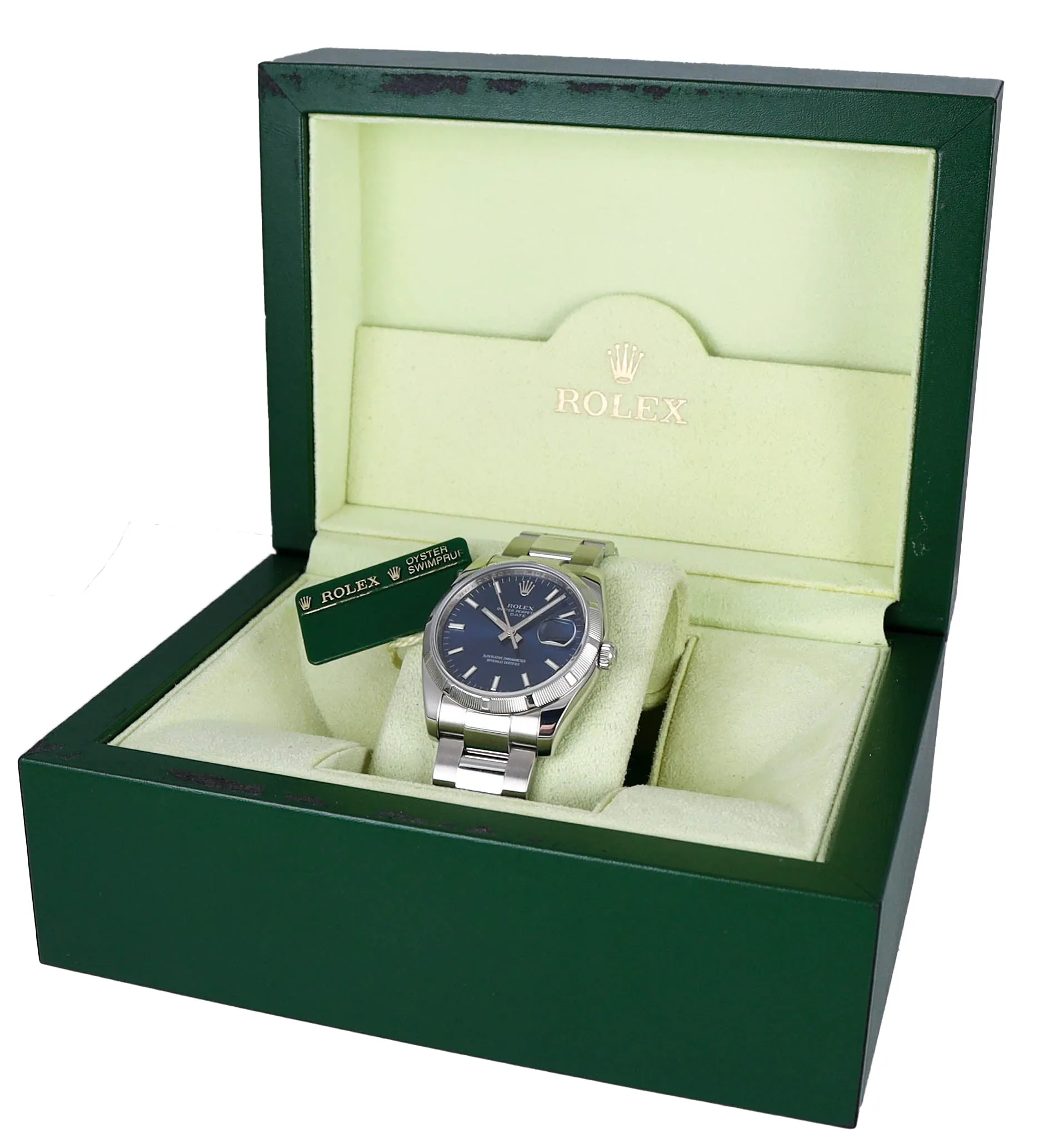 MINT 2012 Rolex Oyster Perpetual Date 36 Blue 115210 Stainless Steel 36MM Watch