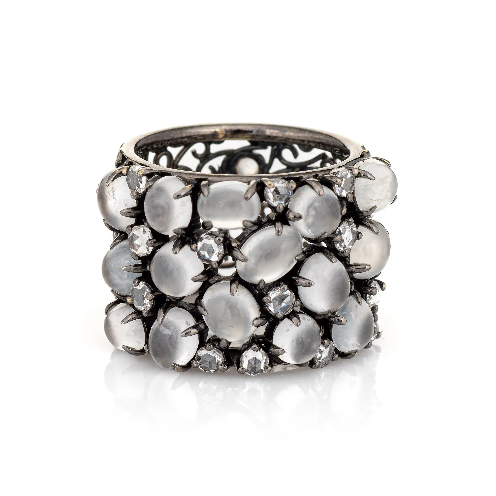 Moonstone Diamond Wide Band Sz 7 Estate 18k White Gold Ring Fine Jewelry