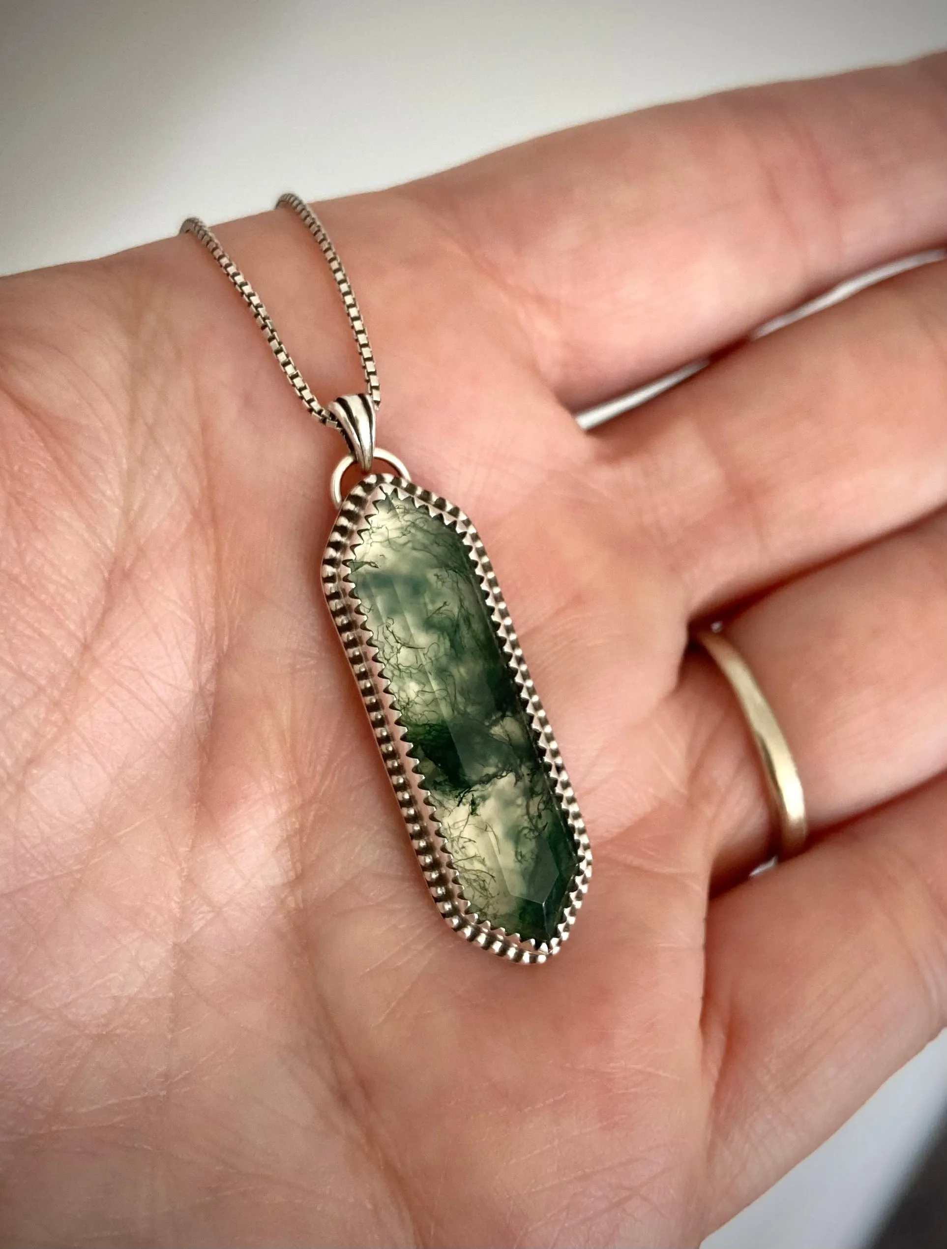 Moss Agate Elongated Hex Pendant