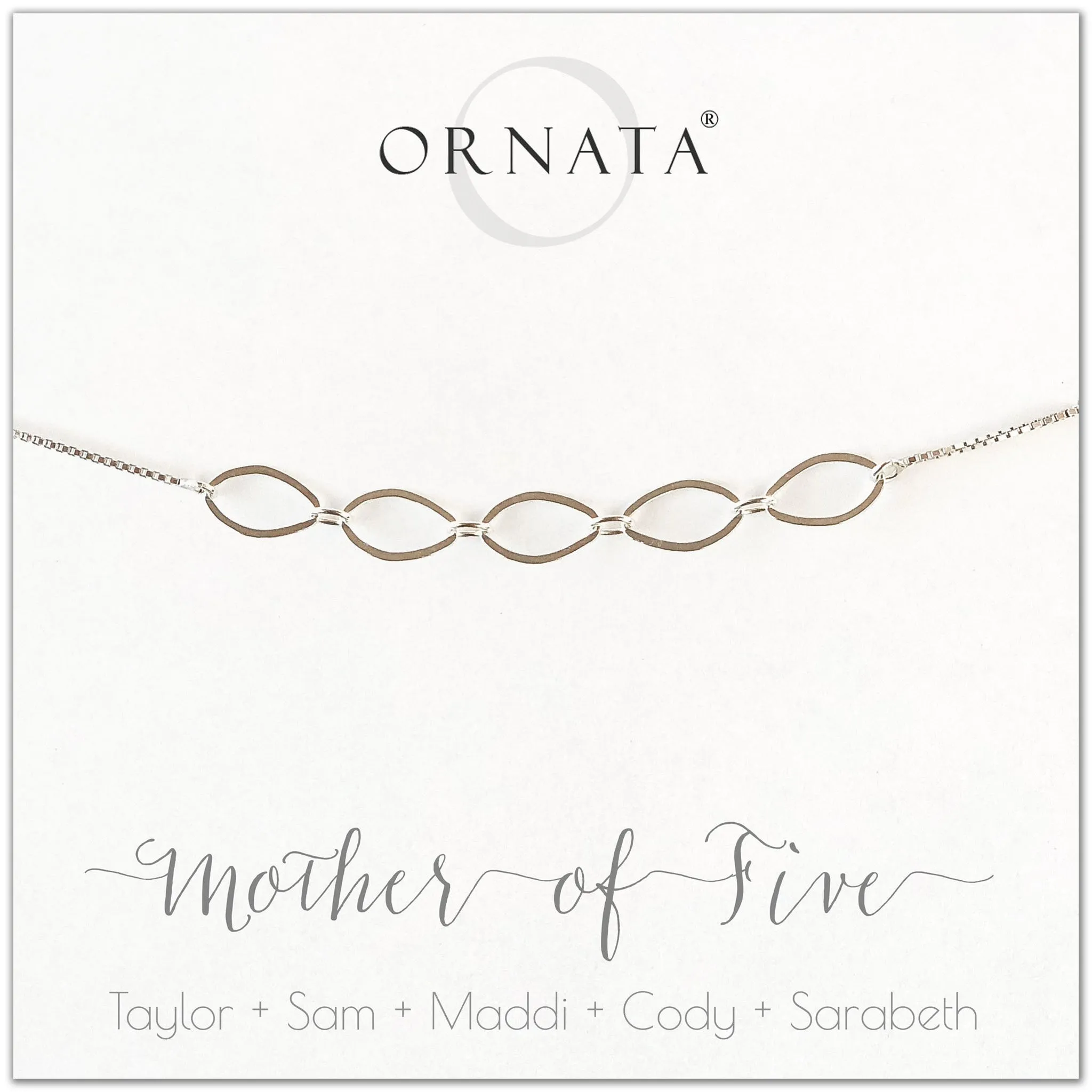“Mother of Five” Sterling Silver Bolo Bracelet on Personalized Jewelry Card