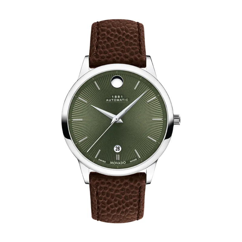 Movado 1881 Automatic Mens Stainless Steel Green Dial Brown Leather Strap Watch
