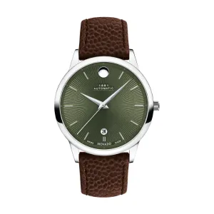 Movado 1881 Automatic Mens Stainless Steel Green Dial Brown Leather Strap Watch