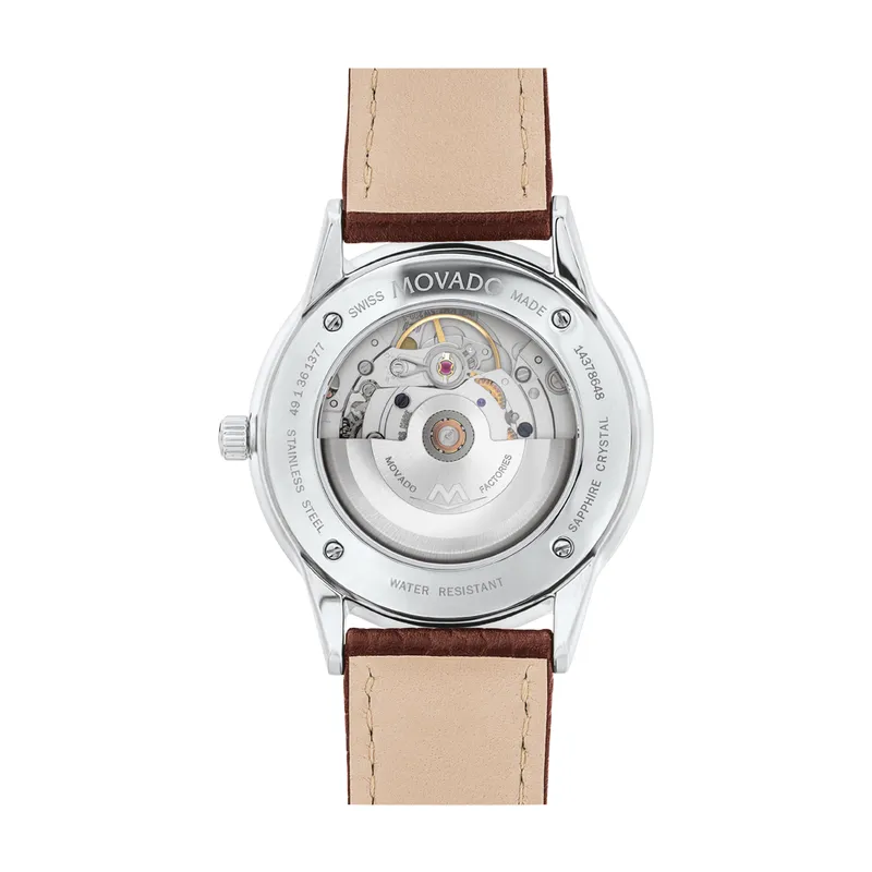Movado 1881 Automatic Mens Stainless Steel Green Dial Brown Leather Strap Watch