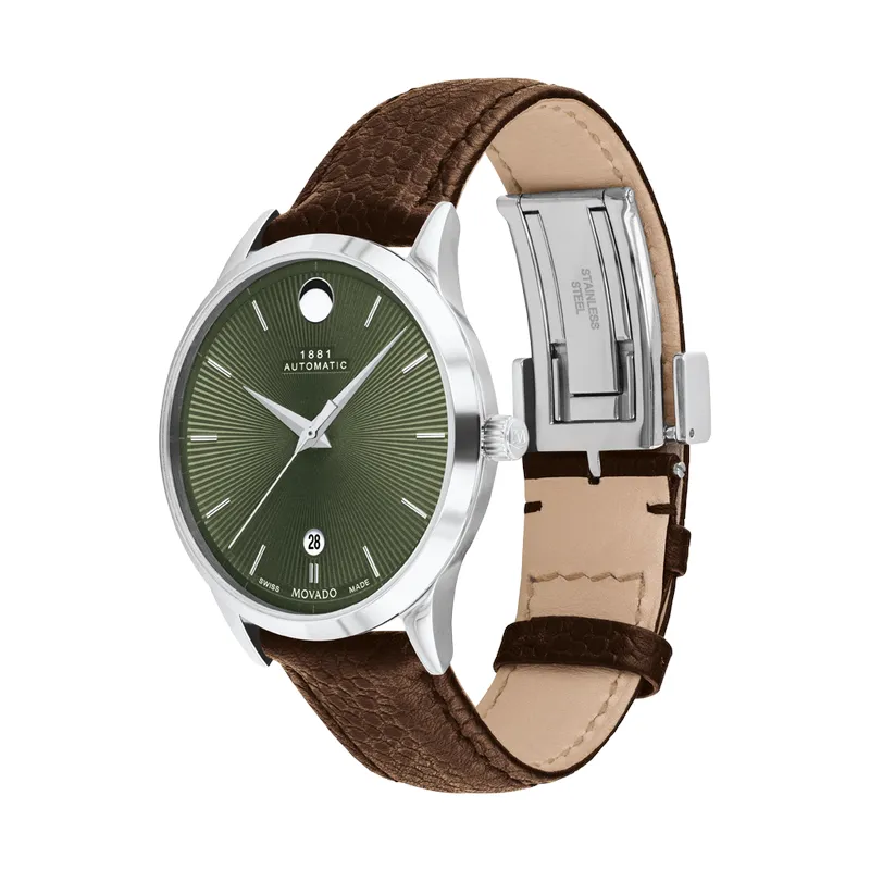 Movado 1881 Automatic Mens Stainless Steel Green Dial Brown Leather Strap Watch