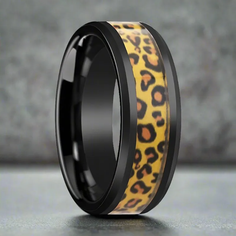NAMIBIA | Black Ceramic Ring, Cheetah Animal Print Inlay, Beveled