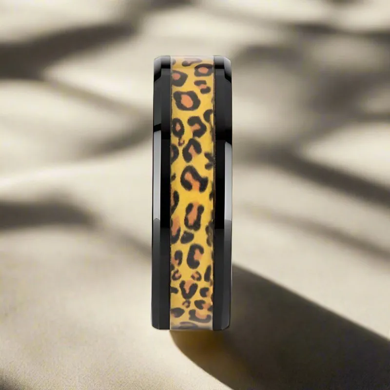 NAMIBIA | Black Ceramic Ring, Cheetah Animal Print Inlay, Beveled