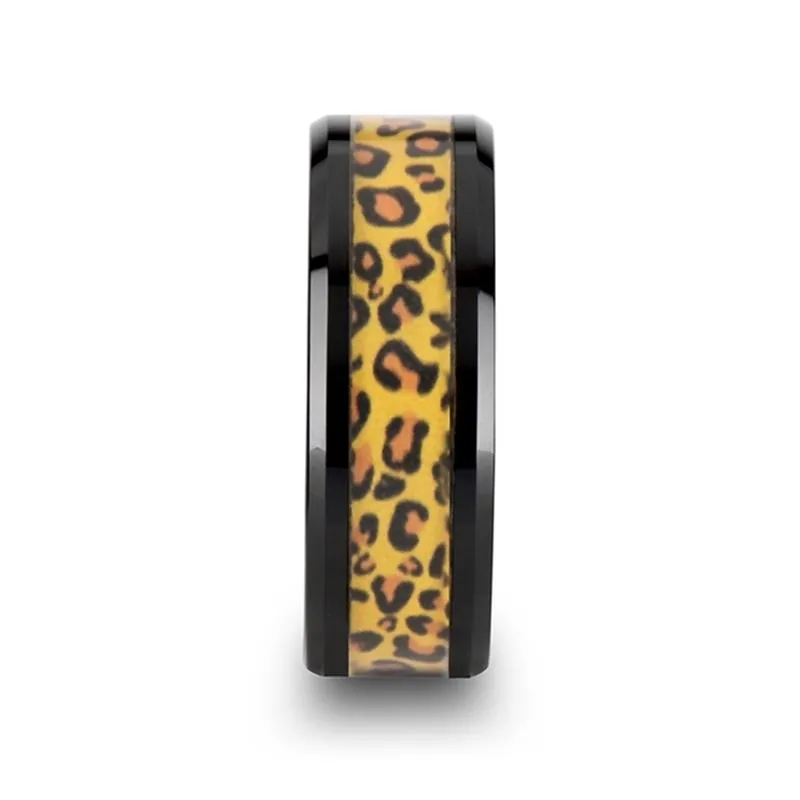 NAMIBIA | Black Ceramic Ring, Cheetah Animal Print Inlay, Beveled