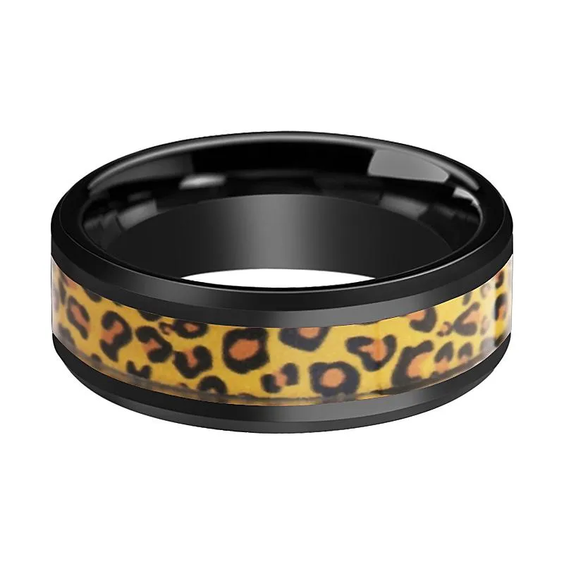 NAMIBIA | Black Ceramic Ring, Cheetah Animal Print Inlay, Beveled