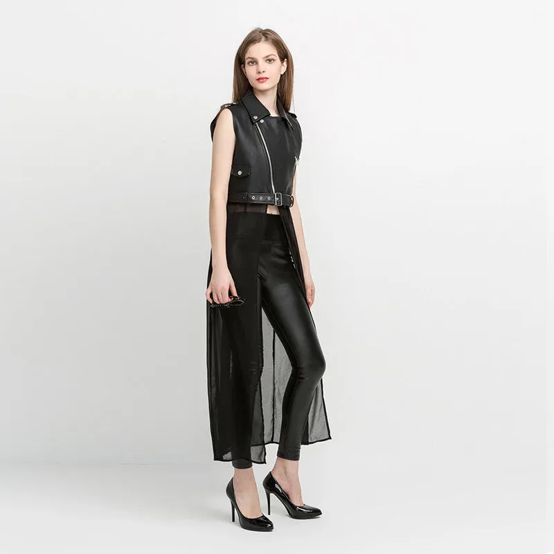 Nanette Black Vegan Leather Chiffon Tail Biker Vest