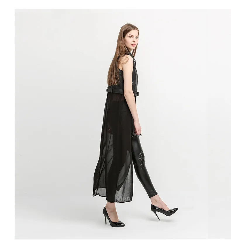 Nanette Black Vegan Leather Chiffon Tail Biker Vest